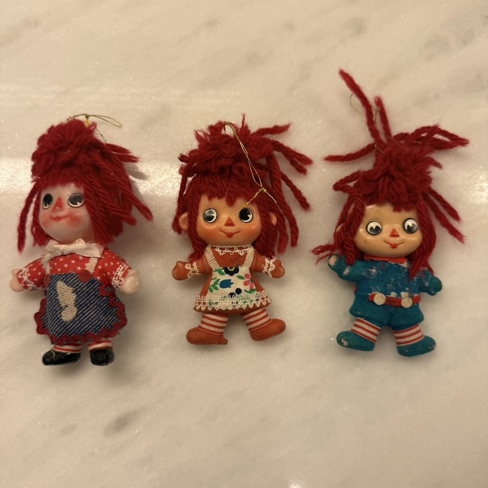 Vintage Raggedy Ann Christmas Ornament Lot Of 3 Doll Cloth Plastic Yarn 3" Andy